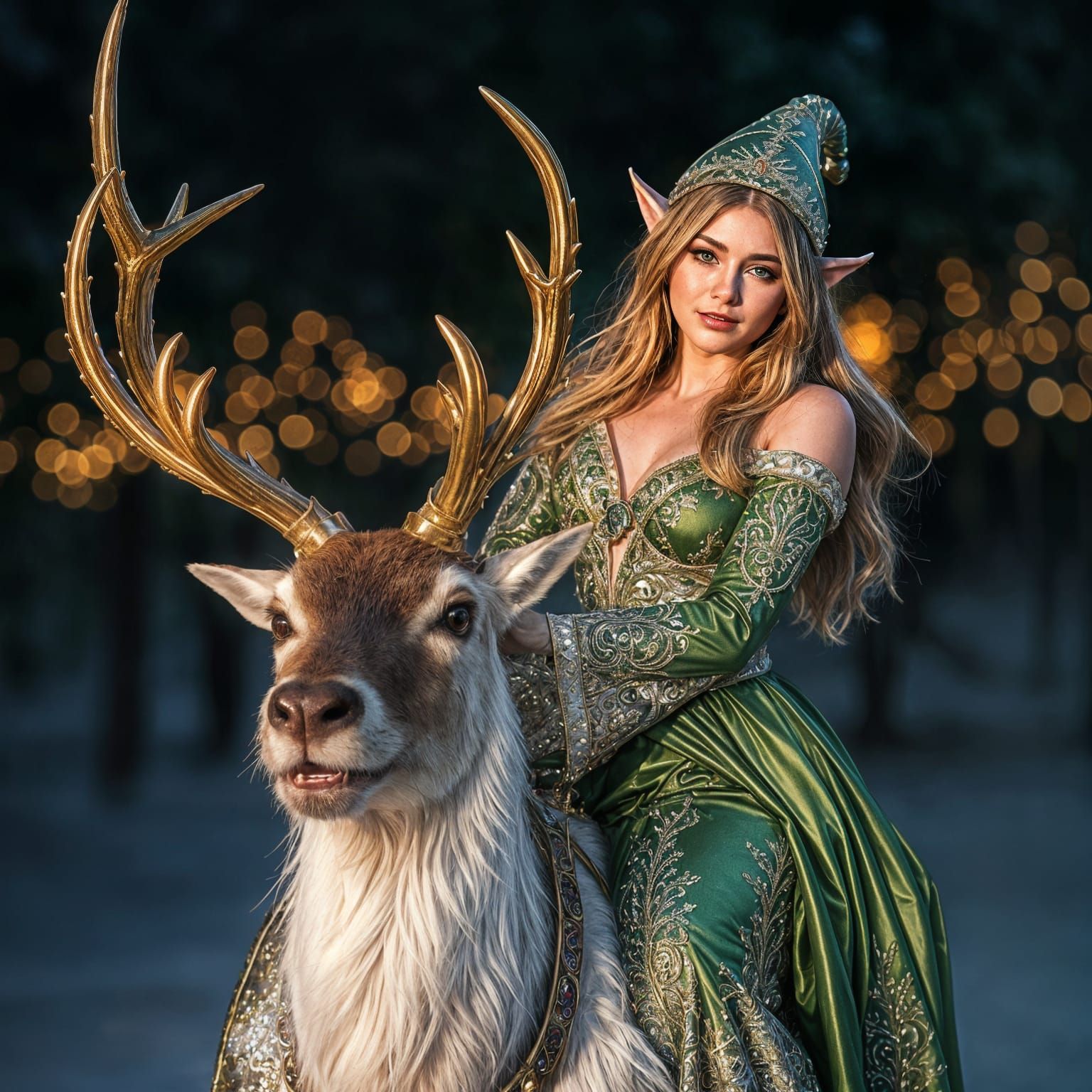 Elf Woman Rides Reindeer in Hyperrealistic Detail