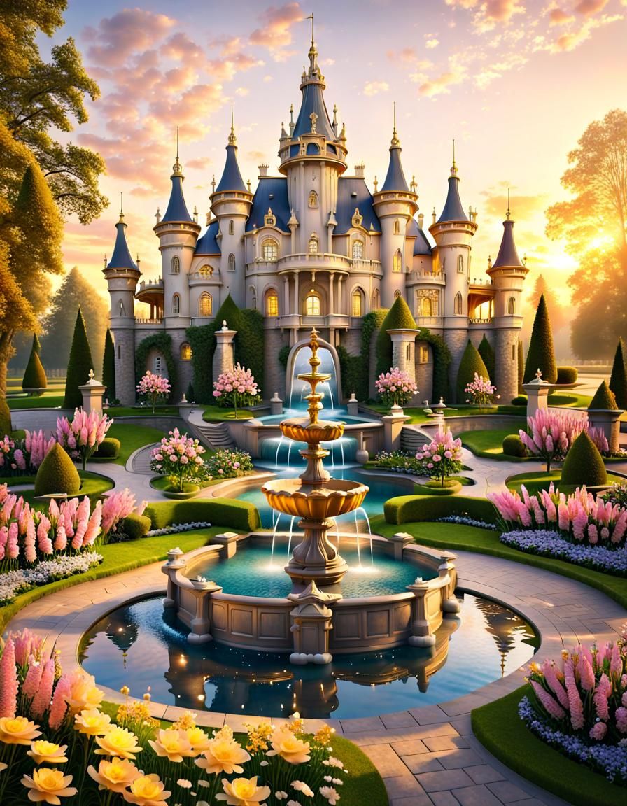 Regal Fantasy Castle with Fountain and Spring Flowers