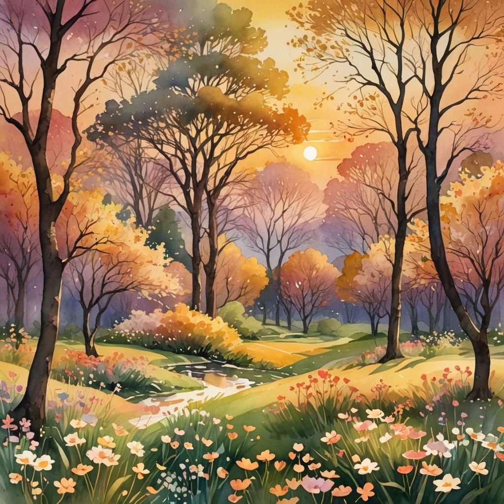 Spring Sunset: Digital Watercolor Illustration