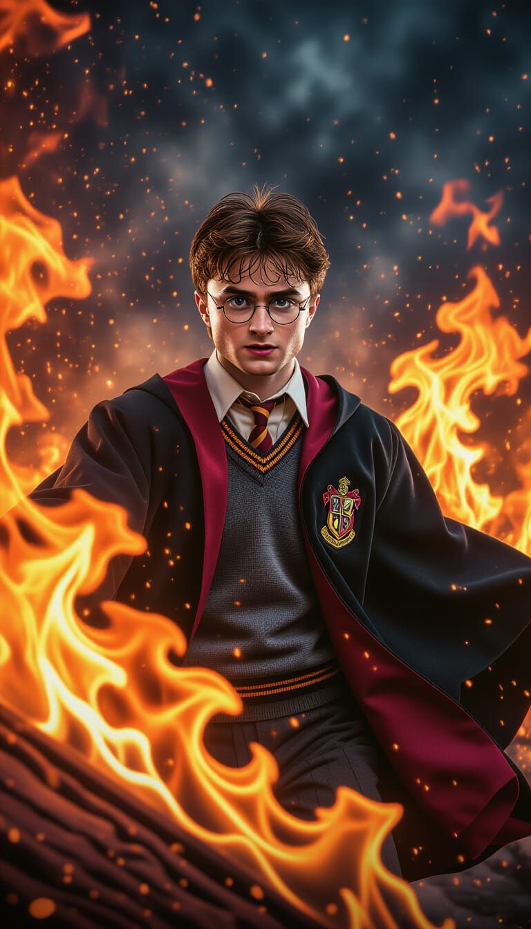 Harry Potter Surrounded by Flames in Cinematic Scene