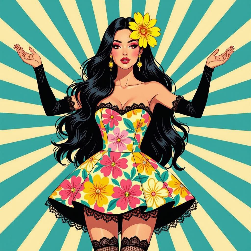 Pop Art Woman with Floral Dress and Sunburst Background