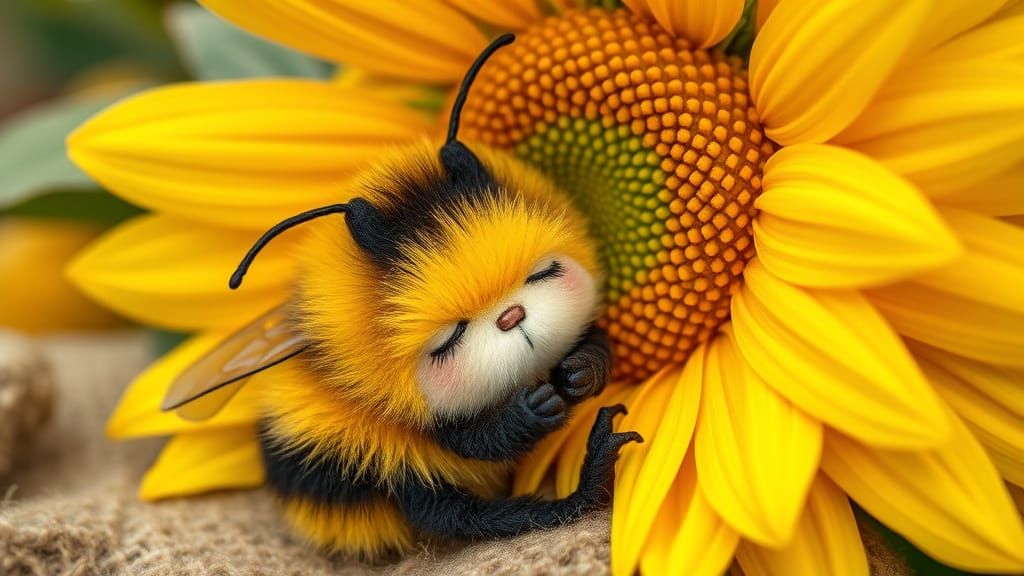 Bumblebee's Nap Under Sunflower, Whimsical Illustration