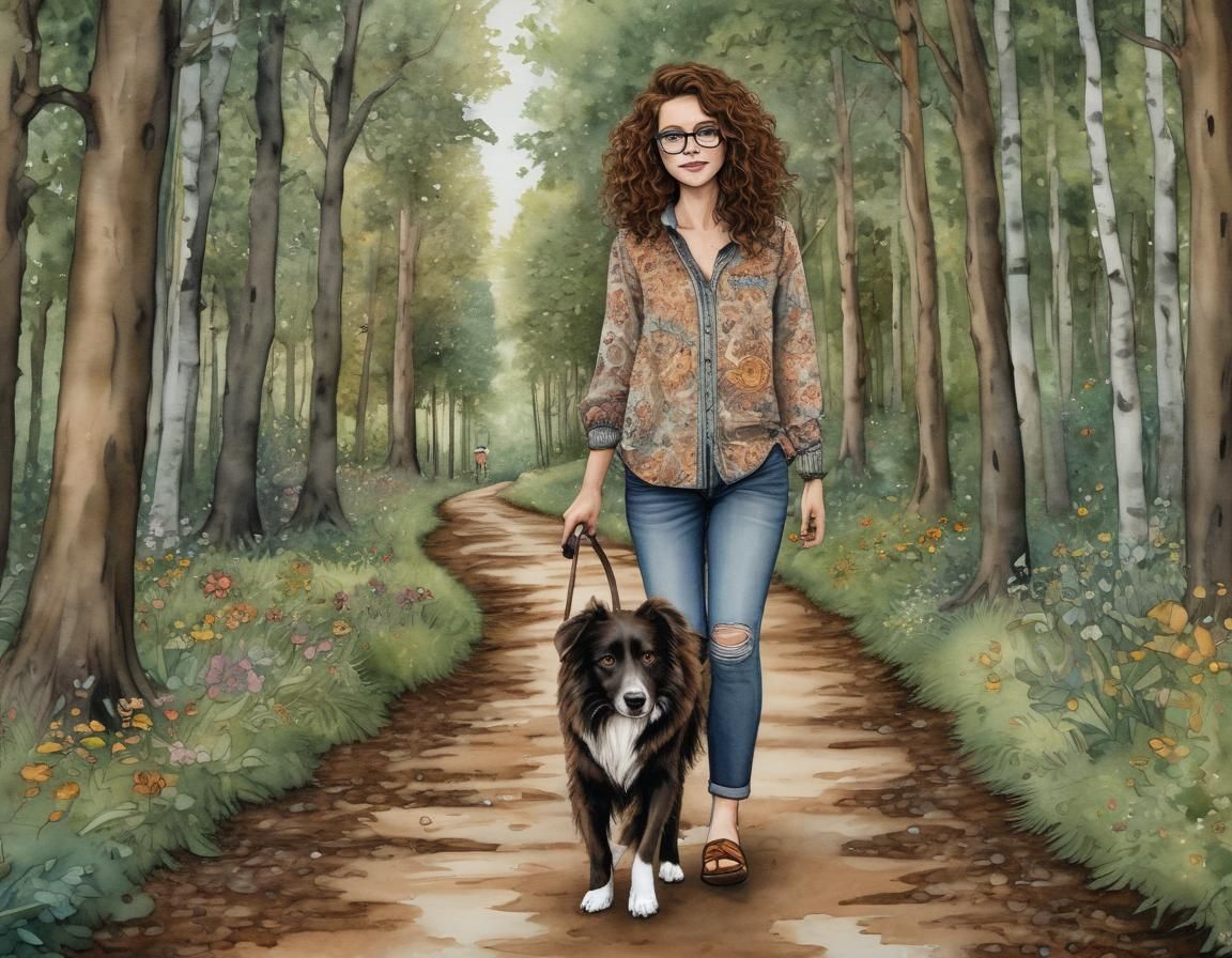 A whimsical woman with brown curly hair black rimmed glasses...