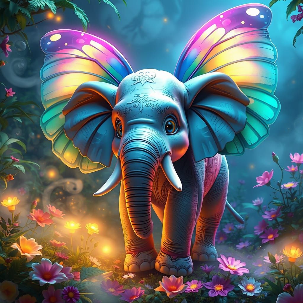 Whimsical Elephant with Iridescent Butterfly Wings in Vibran...