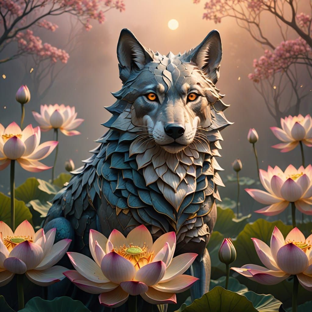 Wolf Lotus Blooms in Dreamlike Surrealism