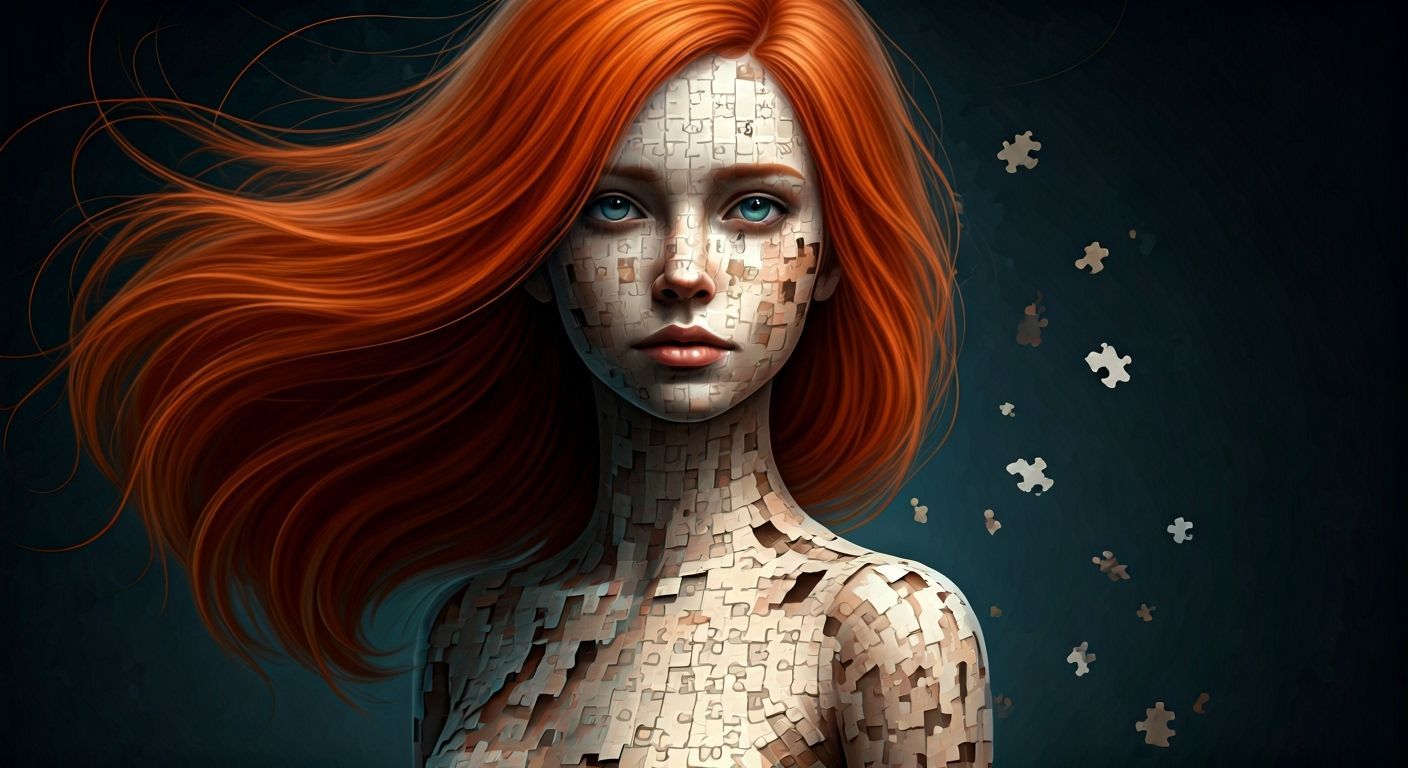 Red-Haired Puzzle Girl in Futuristic Realism