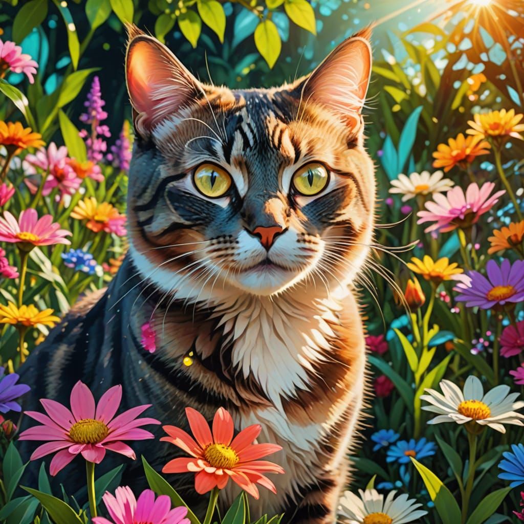 Prism Effect Cat in Flower Garden: Digital Art