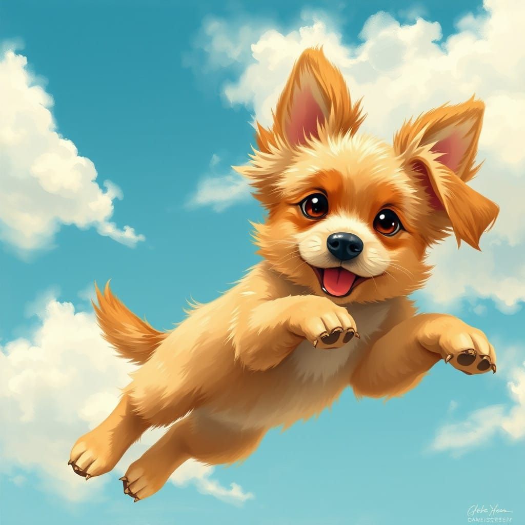 Whimsical Puppy Soars Through the Air in a Bright Blue Sky