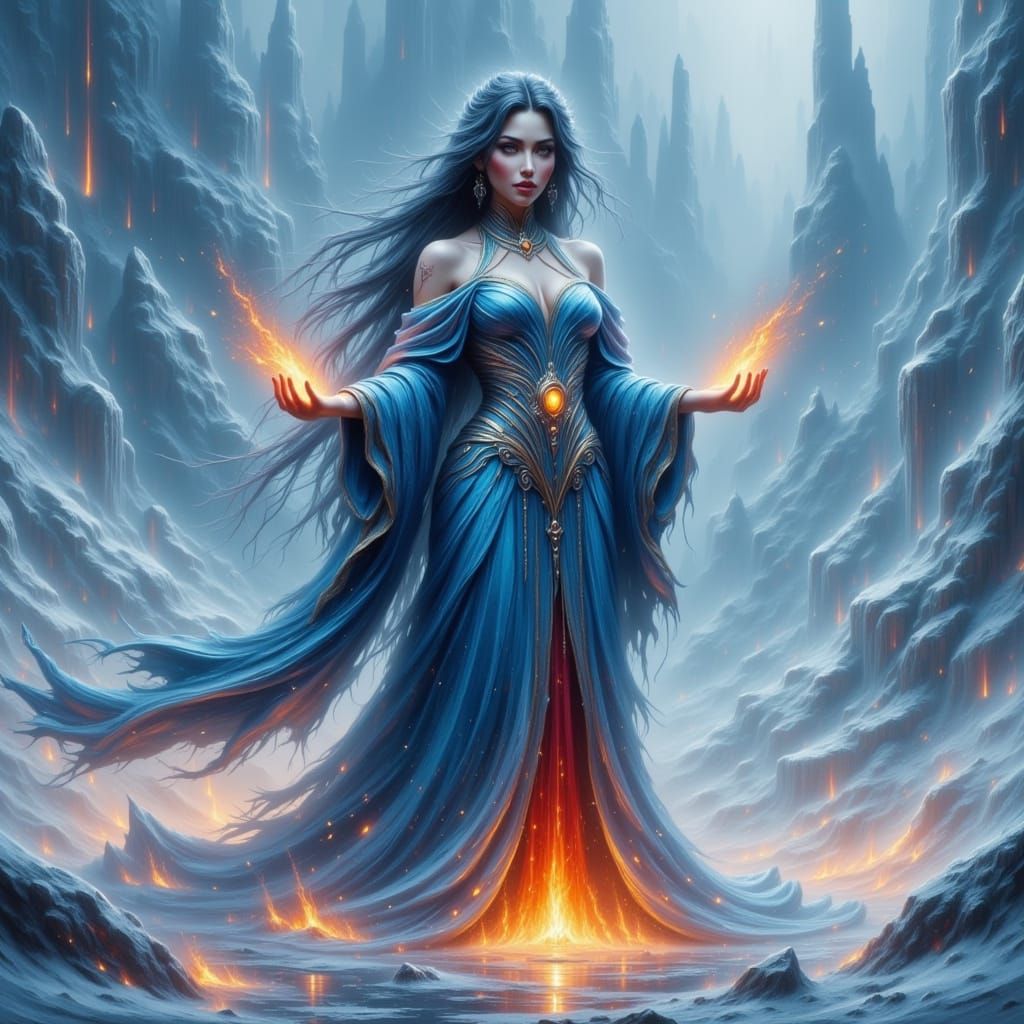 Goddess of Ice and Fire in Cyberpunk Style