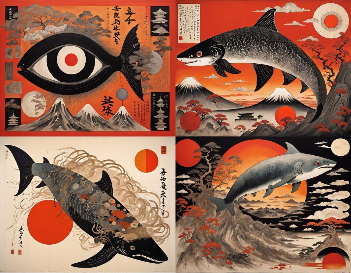 Mutant Peacock Shark with Winged Whale Lung in Sunset