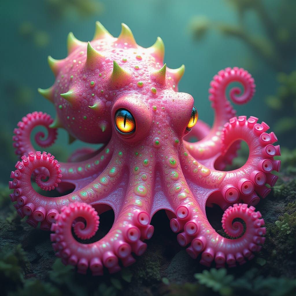 Surreal Octopus-Dragonfruit Hybrid Creature, Highly Detailed