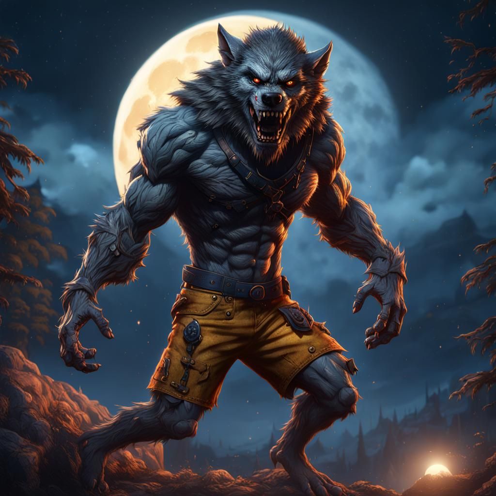 Detailed Werewolf Matte Painting with Moon Background