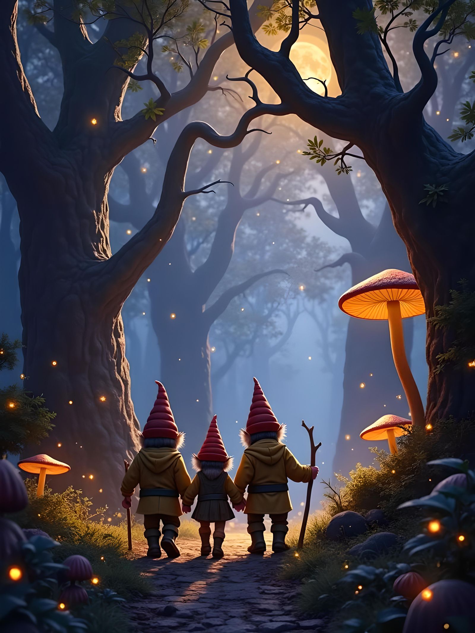Familly of little hobits walking trough a dark forest, firef...