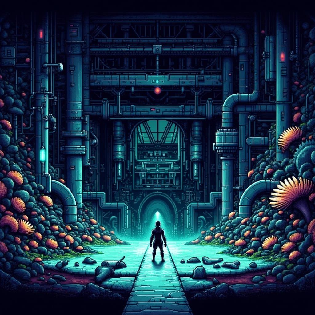 Chrome Knight in Abandoned Pixel Art Factory