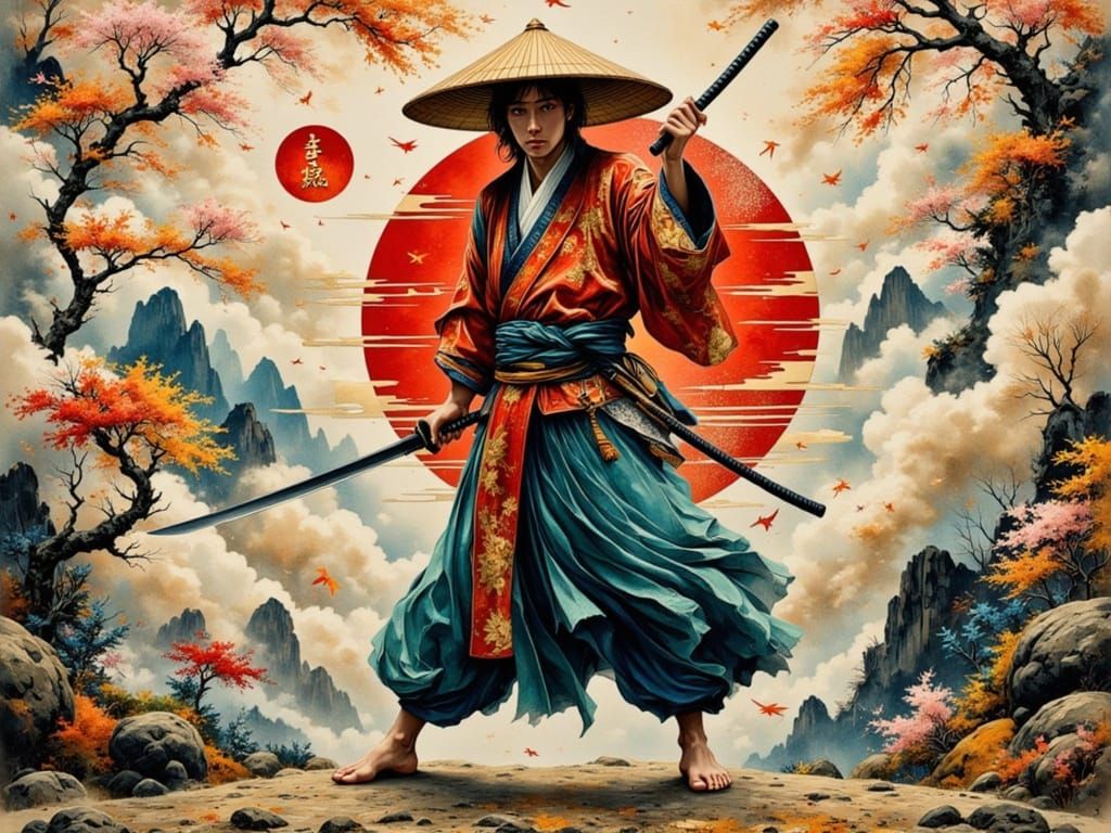 Ethereal Japanese Swordsman in Dynamic Fighting Stance