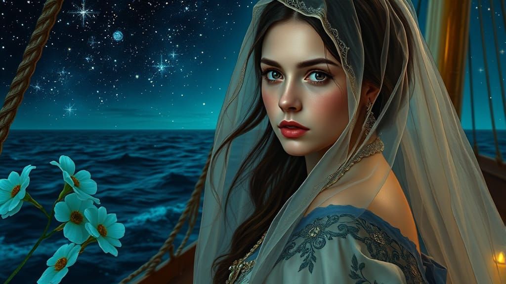 European Woman with Veil on Ship Deck