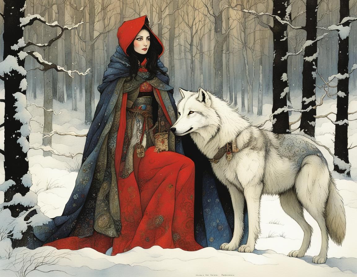 Winter Woods Mistress with White Wolf