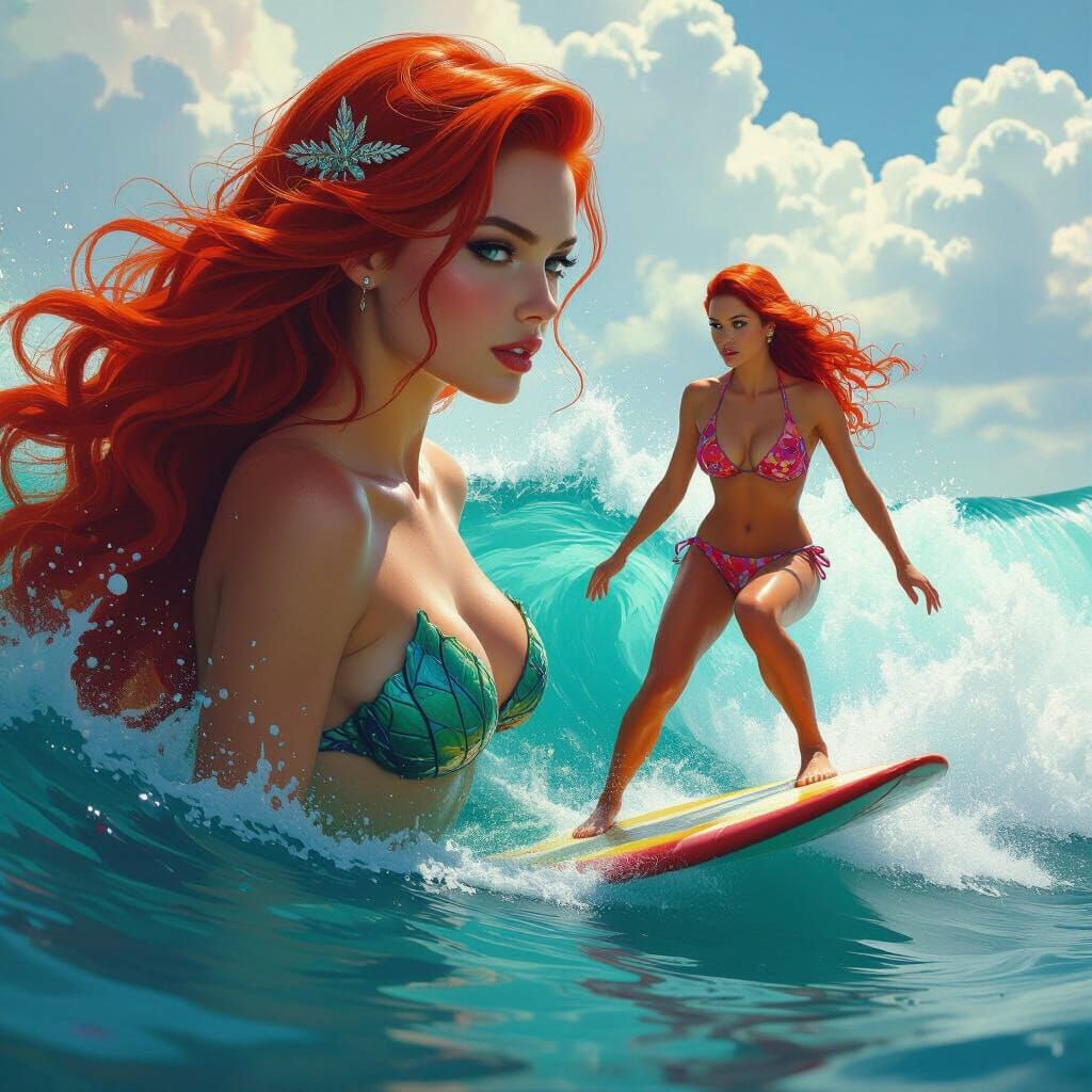 Redhead Mermaid Split Image in Matte Painting Style