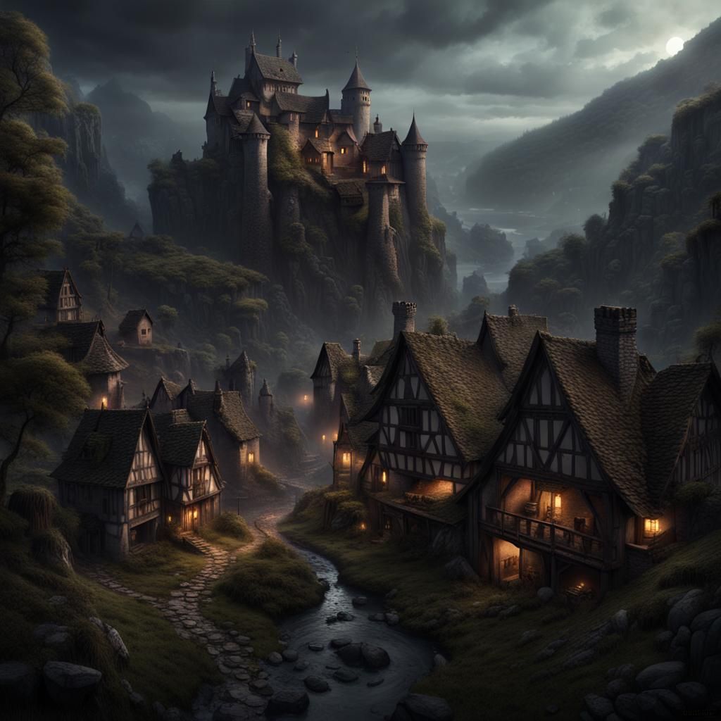 Dark Fantasy Hamlet Beneath Haunted Castle