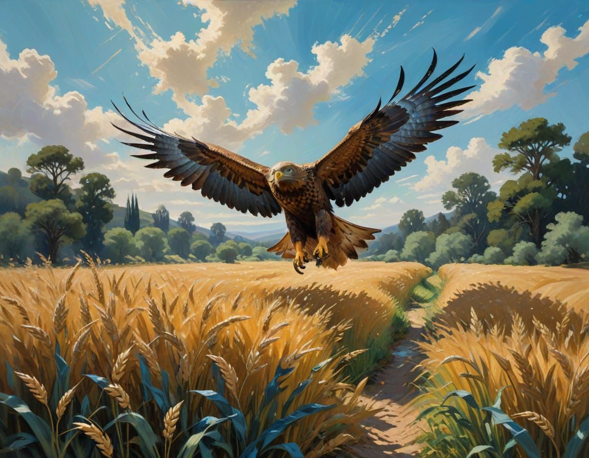Golden Eagle Soaring Over Wheat Field as Impasto Painting