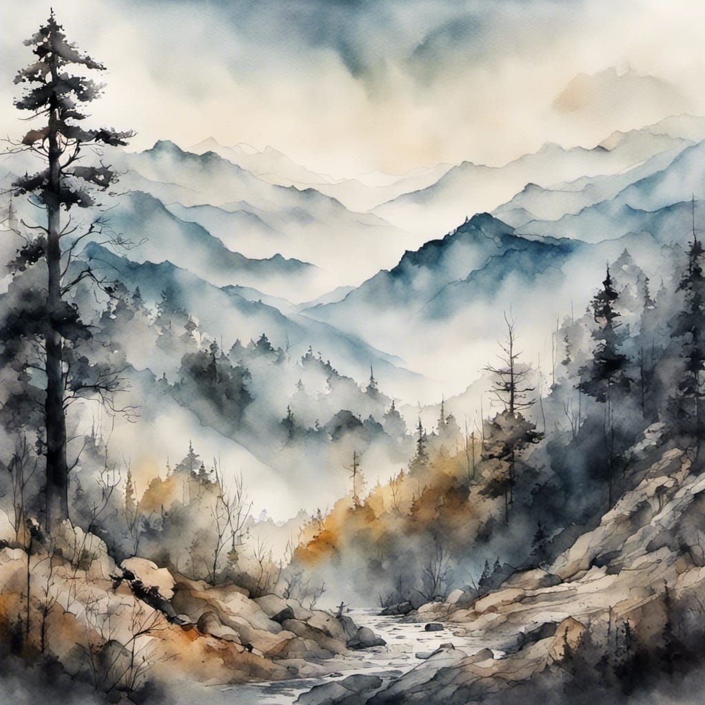 Misty Mountain Landscape in Watercolor and Ink