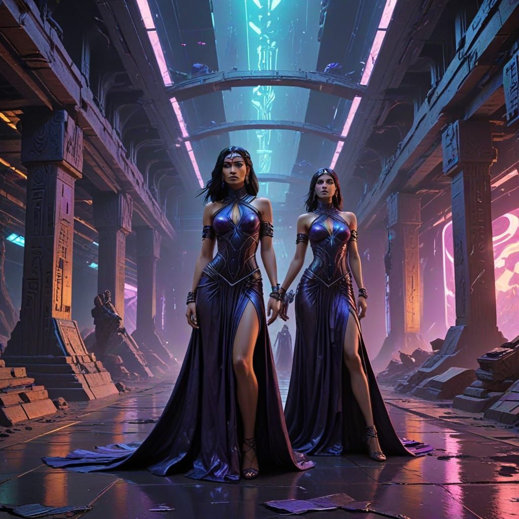 Ethereal Amazonian Goddesses in Futuristic Egyptian Pyramid