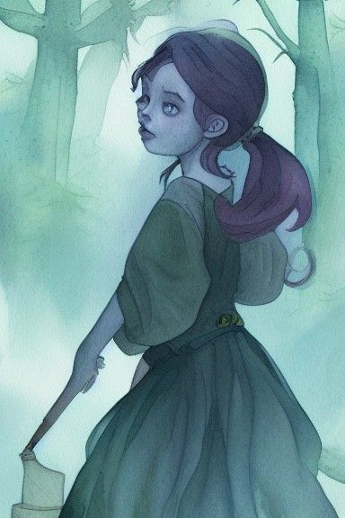 Girl with Bats in Forest, Loish Watercolor Style