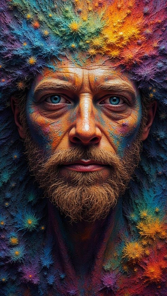 Fractal Faced Man with Rainbow Moss in Dark Fantasy Style