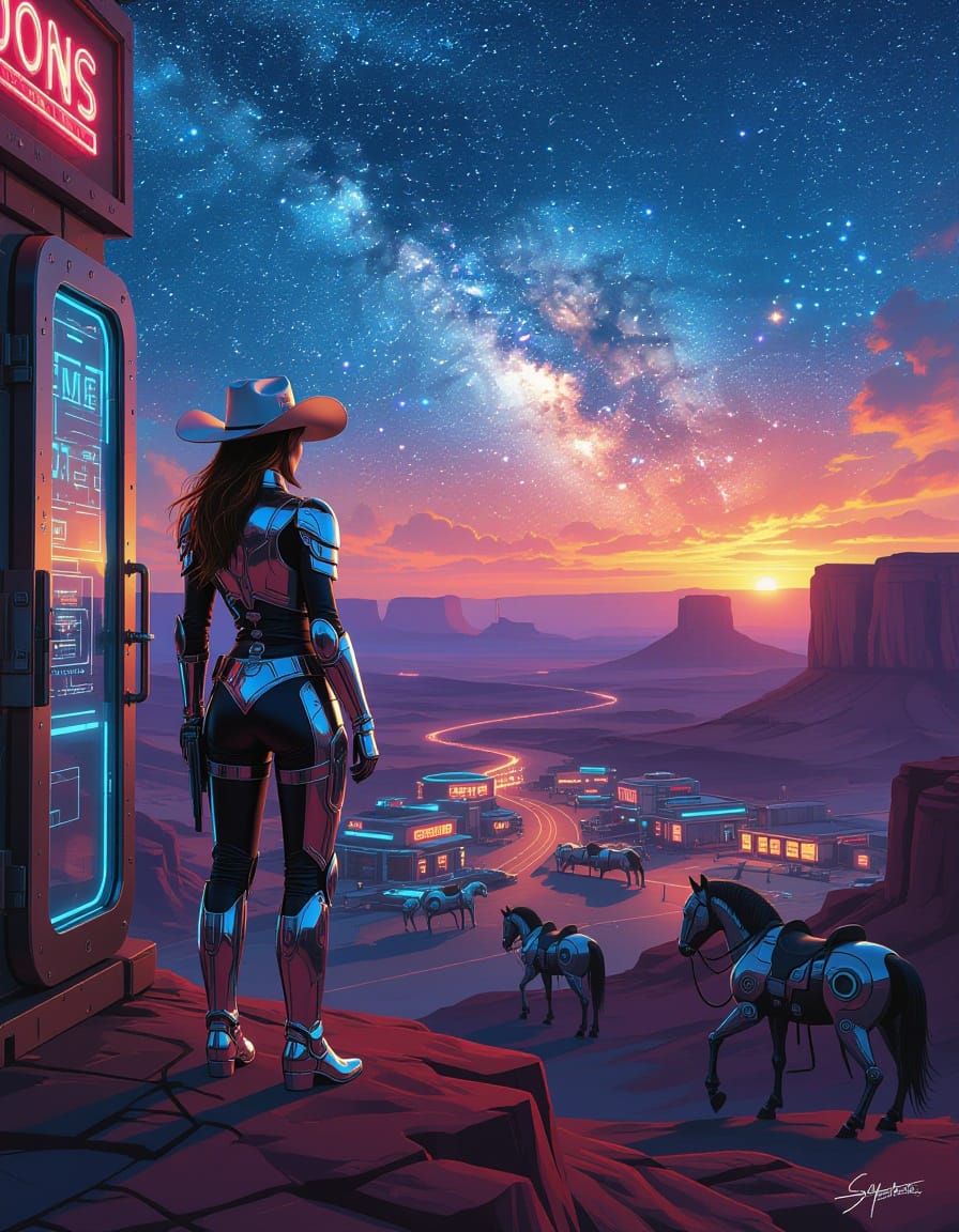 Futuristic Cowgirl in Neon Frontier Town