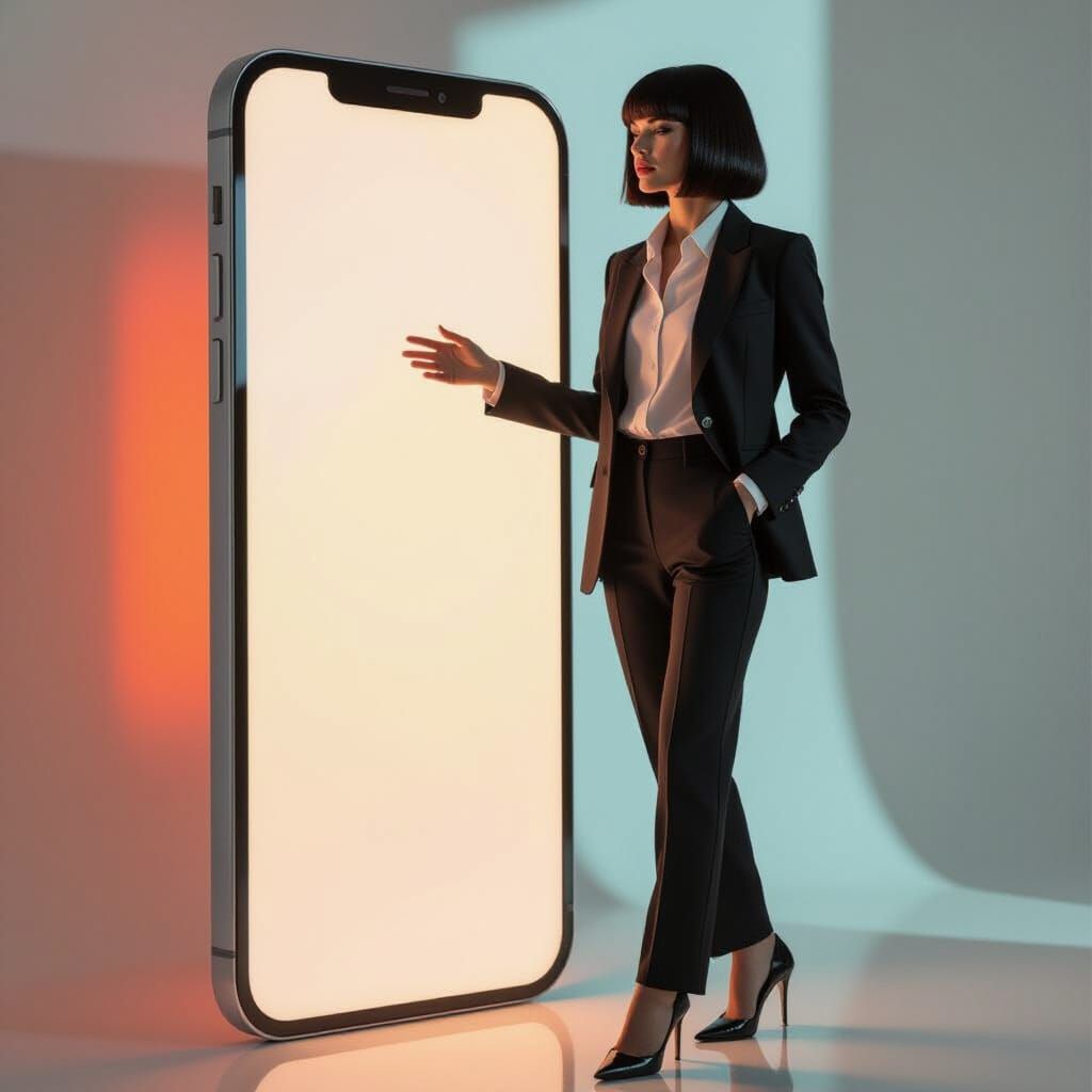 Woman Beside Giant Smartphone in Cinematic Photo