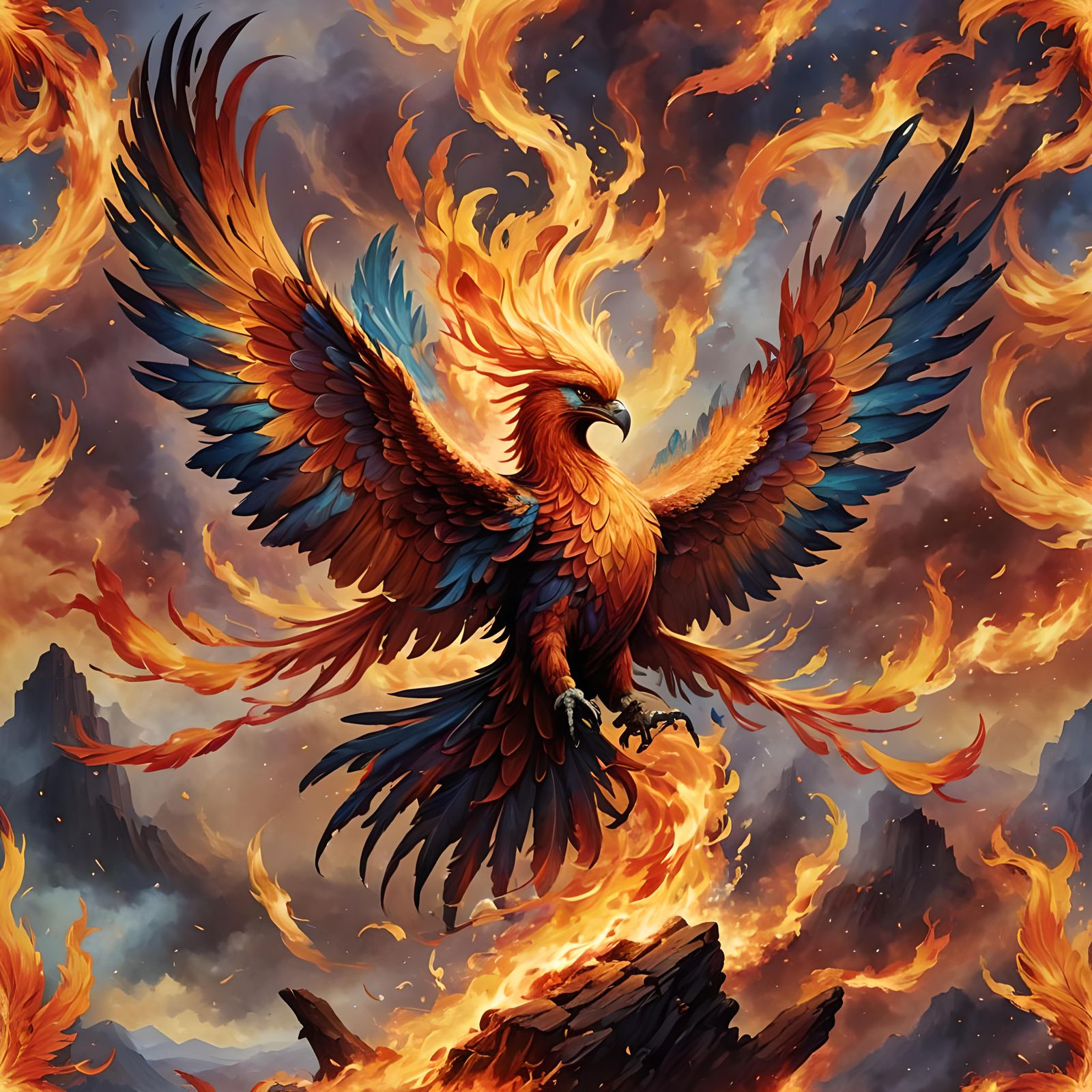 Phoenix Rebirth: Radiant Colors in Mystical Landscape