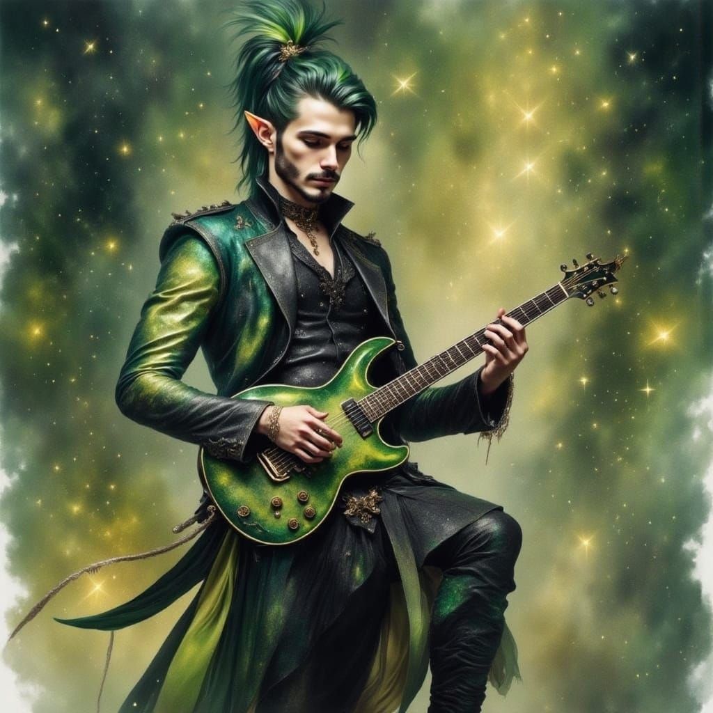 Elf Rocker Guitarist on Stage in Oil Painting