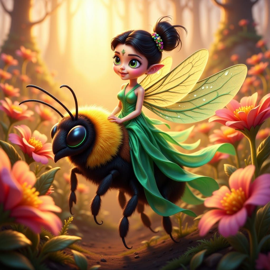 Pixie Riding Giant Bumblebee in Fantasy Flower Field