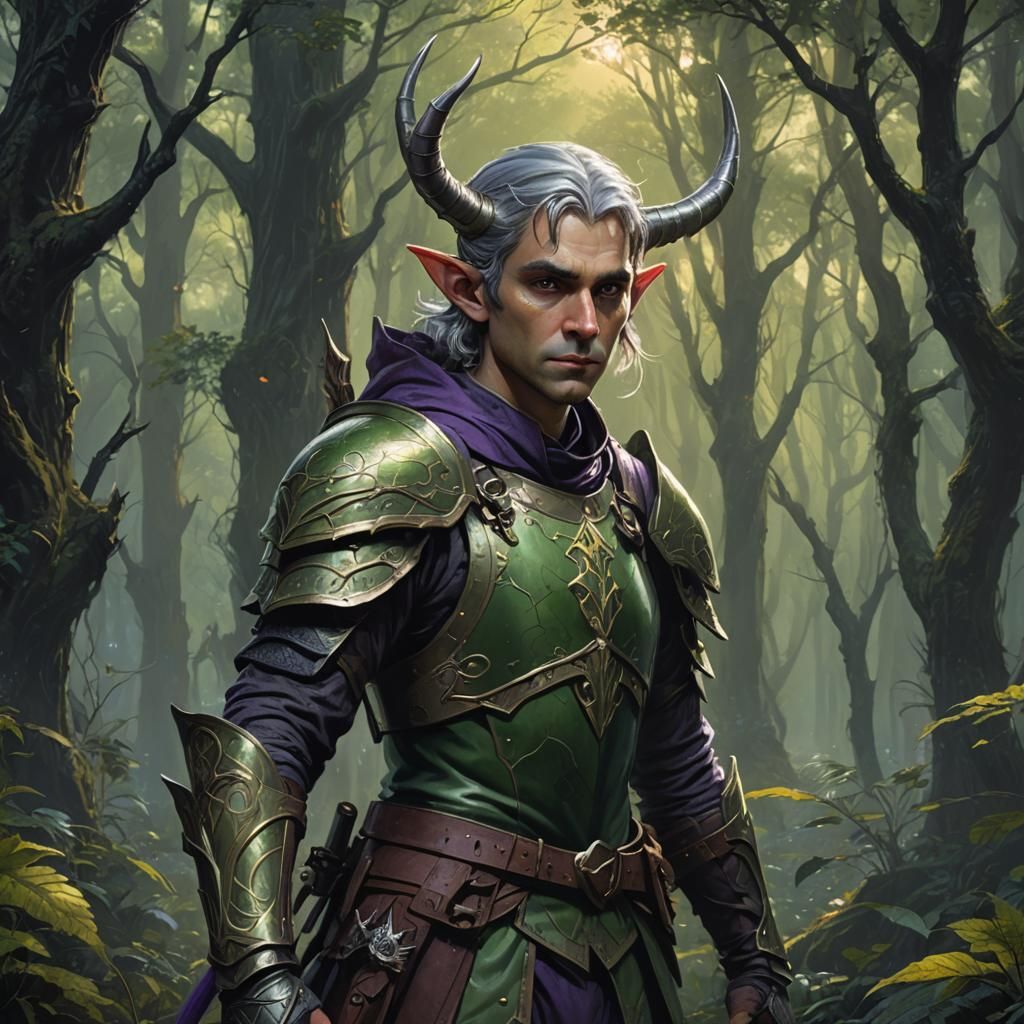 Elf in Dark Forest with Glowing Runes, Fantasy Art
