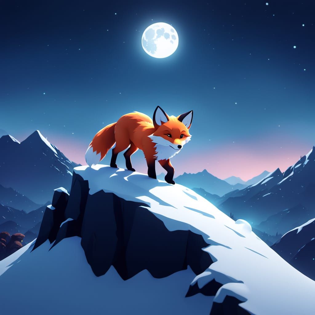 Chibi Fox Silhouette Howling at Moonlit Peak