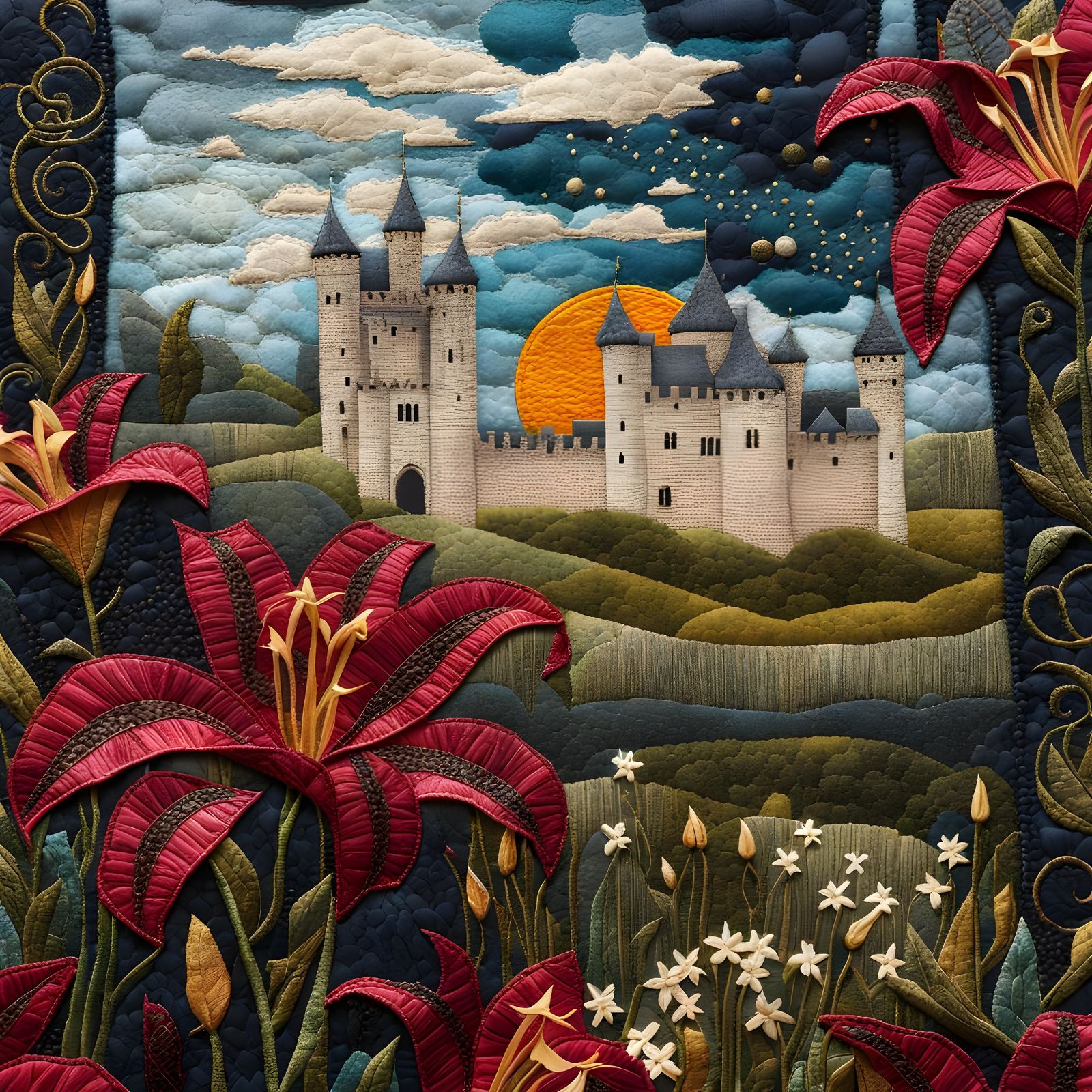 French Castle in a field of lilies
