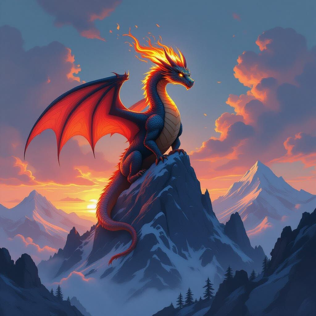 Majestic Dragon on Mystical Mountain, in Fantasy Art Style