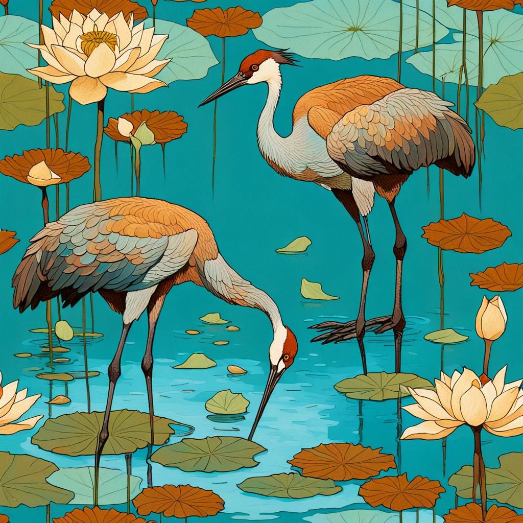 Sandhill Cranes wading among lotus flowers, leaves and seed pods in reflective water.