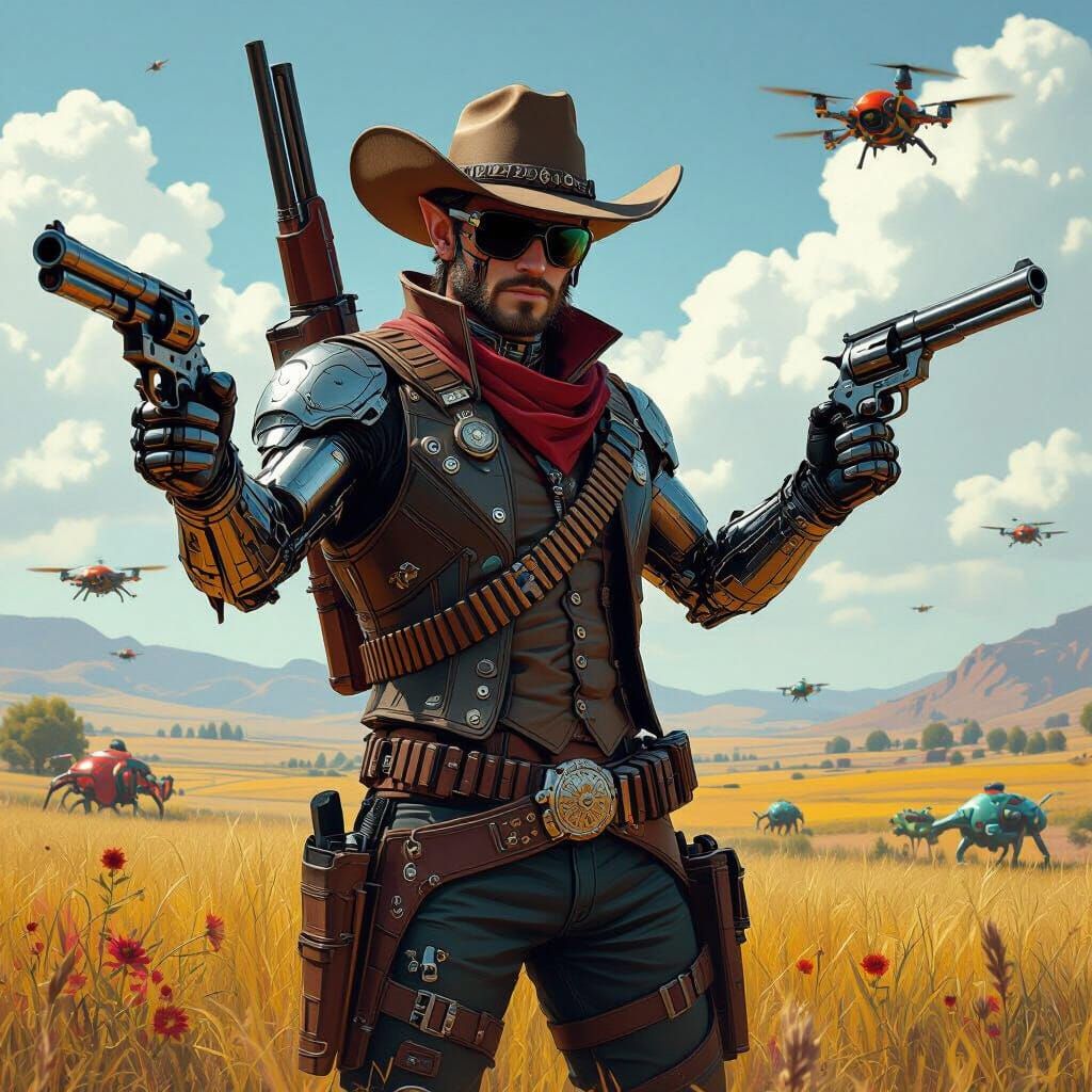 Cyberpunk Elf Gunslinger in Farmland Landscape