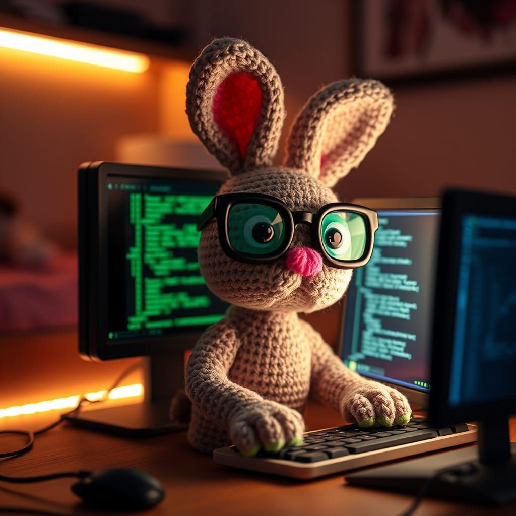 Crocheted Bunny Coder in Hyperrealistic Style