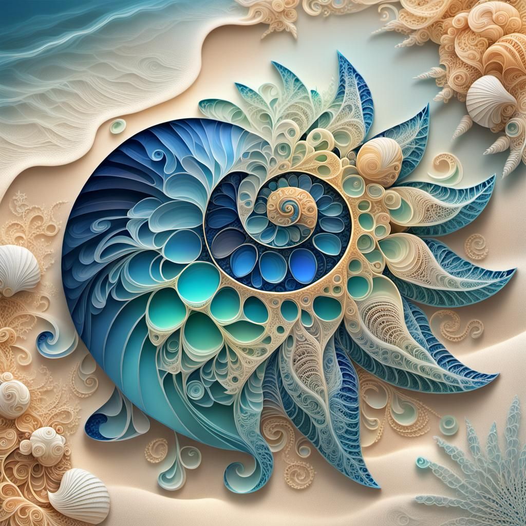 Sapphire and Jade Seashell Fractal Art