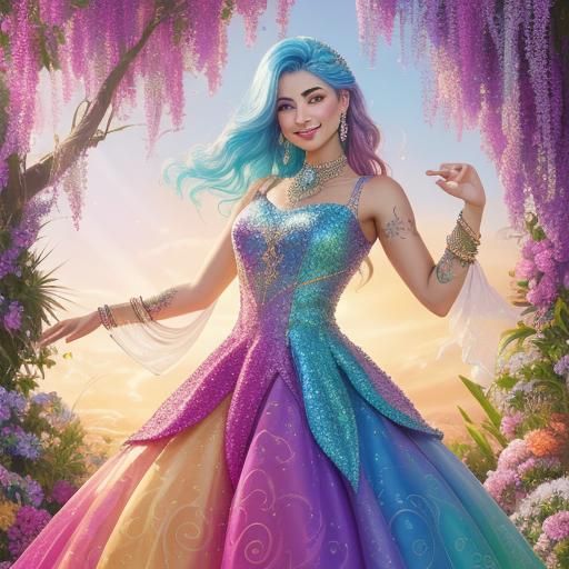 Woman with Rainbow Dress in Vibrant Concept Art