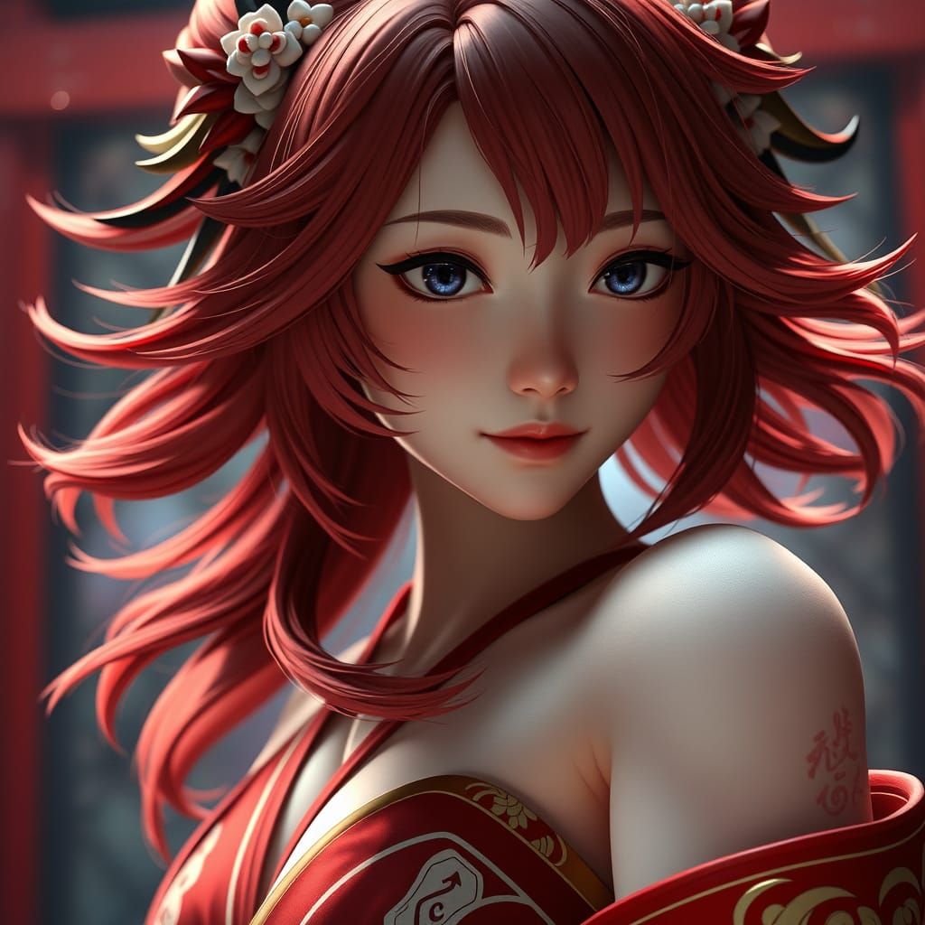 Yae Miko Hyper-Photorealistic Portrait in Vivid Colors