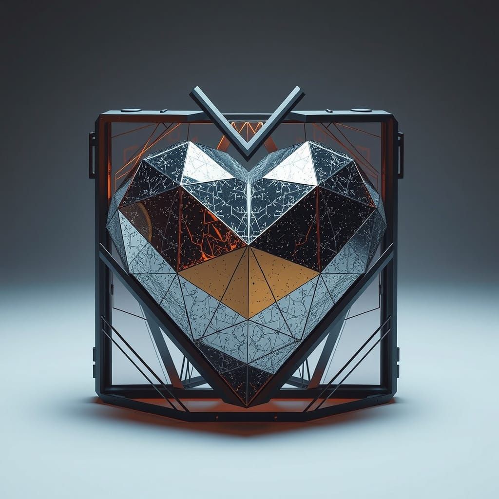 Geometric Box Heart in Futuristic Industrial Setting