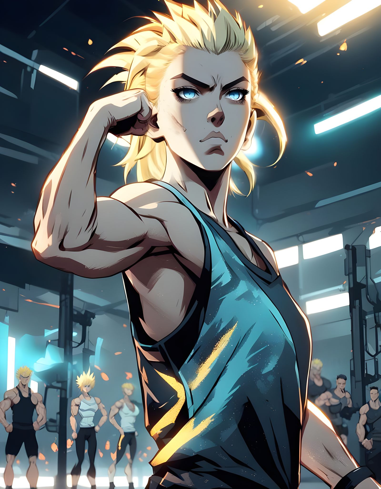 Anime Gym Girl Flexing Bicep in Cel-Shaded Style