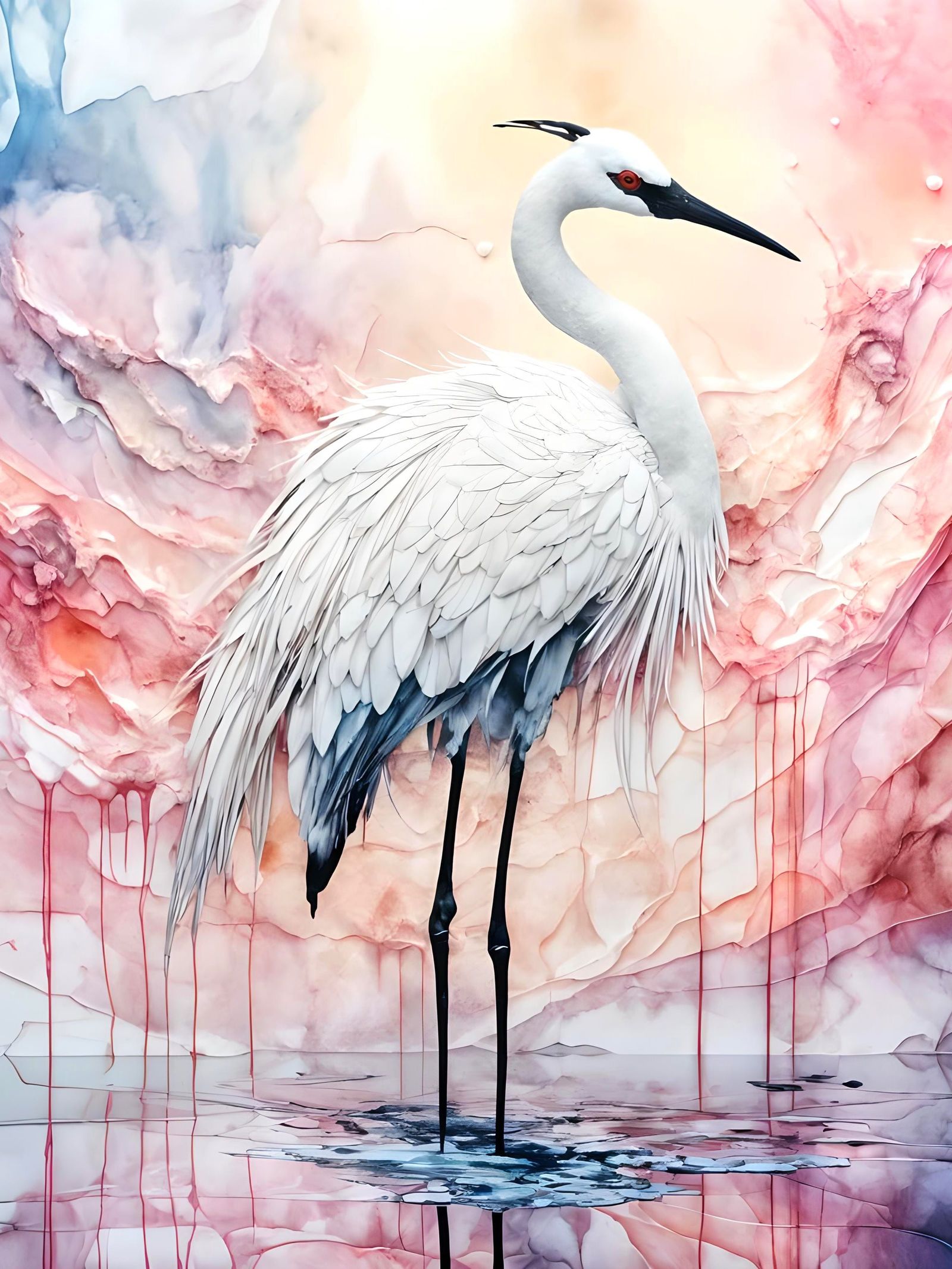 Ethereal White Crane in Moonscape as Alcohol Ink Art