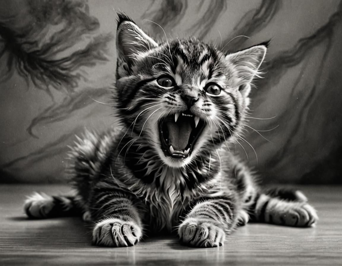 Hyperdetailed Kitten Yawning as Action Painting