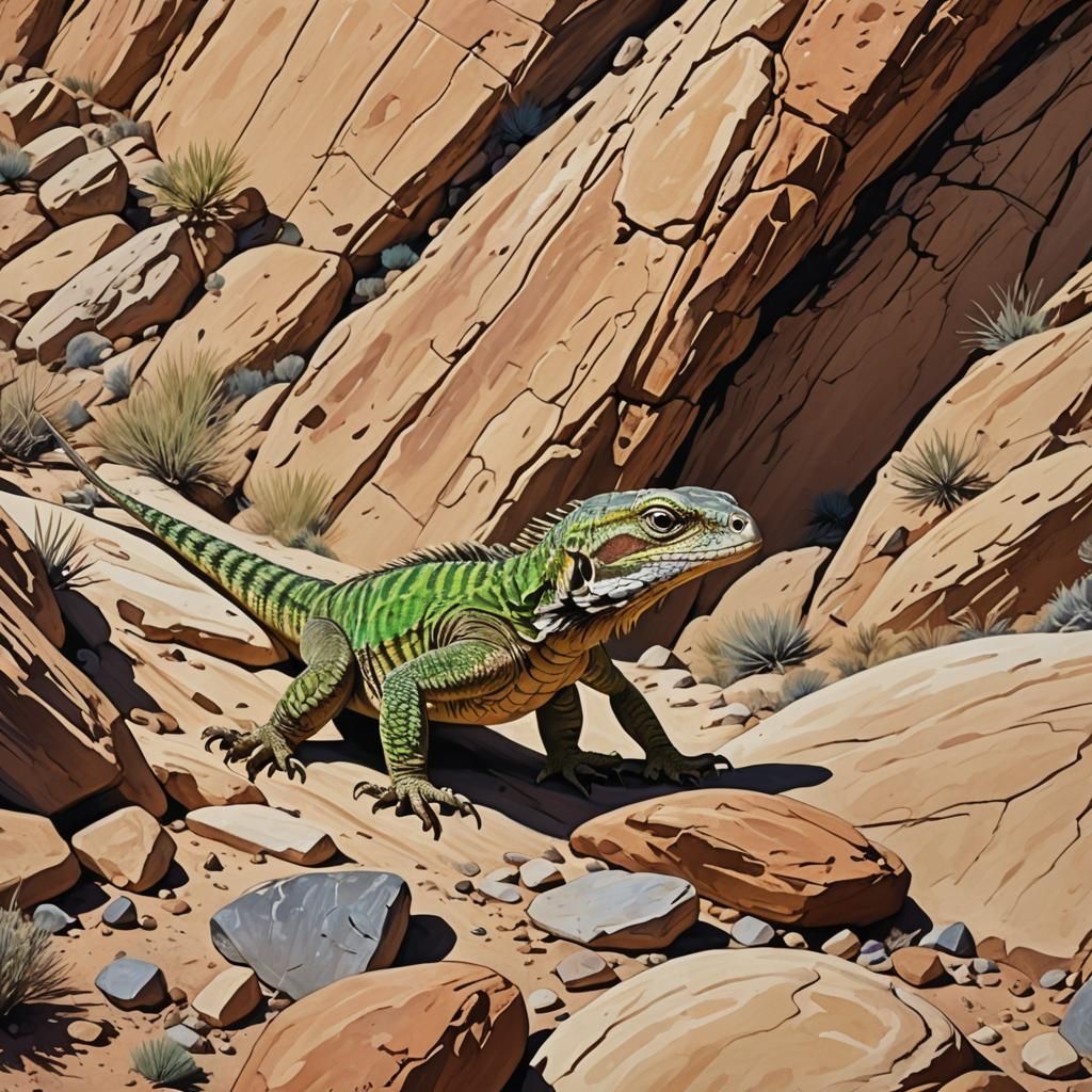 Lizard Evading Hawk in Rocky Desert: Ink Alcohol Art