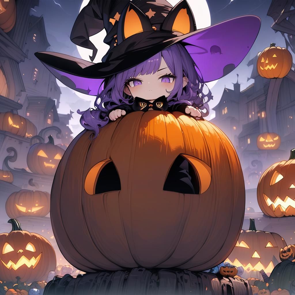 Cute Baby Witch with Cat in Anime Style