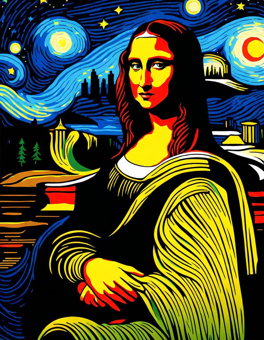 Mona Lisa in Post-Impressionist Starry Night Style